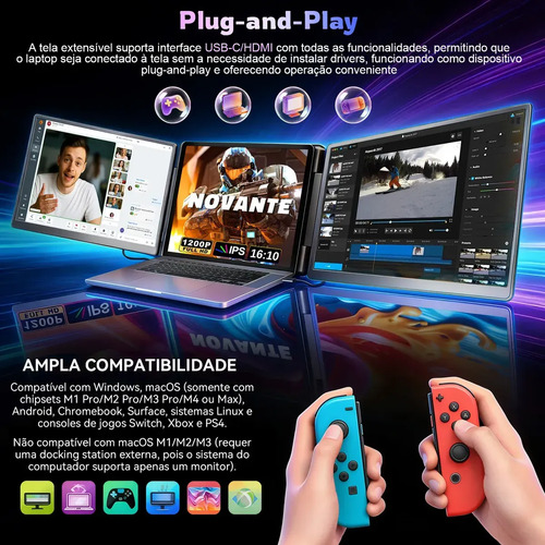 Monitor Portatil Gamer 15.6 Fhd 1080p Dual Screen Expansor Tela Tripla Monitor, Tela Esquerda Rotagao 360°, Baixa Luz Azul, Cabos Inclusos Preto