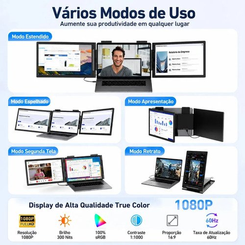 Monitor Portátil Novante Triplo 14" Full HD IPS, USB-C, para Notebook de 14 a 16.5"