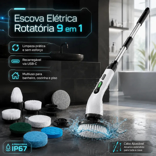 Mop escova eletrica rotatoria 9 em 1 recarregavel usb c mult