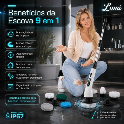 Mop Escova Elétrica Rotatória 9 Em 1 Recarregável USB-C Multiuso Limpeza Para Banheiro Cozinha E Piso