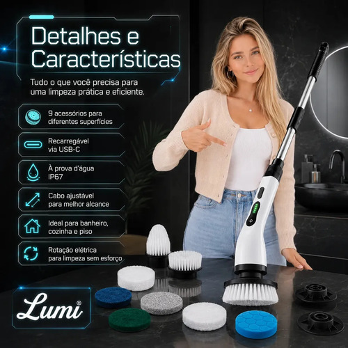 Mop Escova Elétrica Rotatória 9 Em 1 Recarregável USB-C Multiuso Limpeza Para Banheiro Cozinha E Piso
