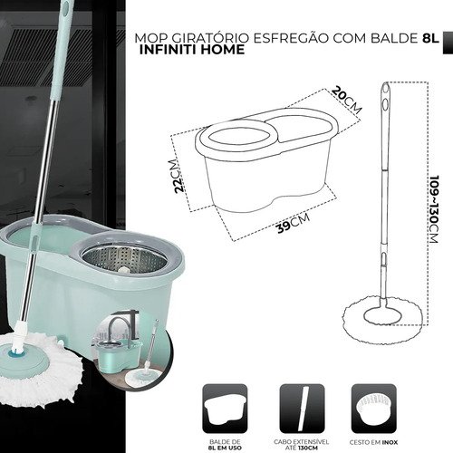 Mop Giratório 8l Rodinhas Esfregão 130cm Cesto Inox C/ Refil