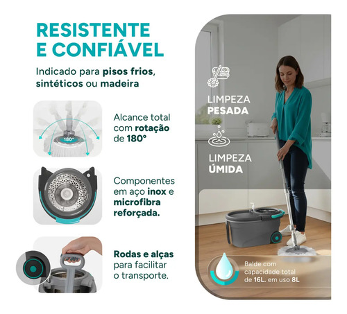 Mop Profissional Inox 16l Com 2 Refis De Microfibra Glinter