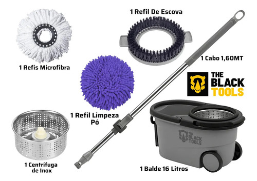 Mop The Black Tools Mop 360° Giratório TBBL04 Com Balde Centrífuga Inox Cinza Cabo Longo Alça Roda Com 3 Refis
