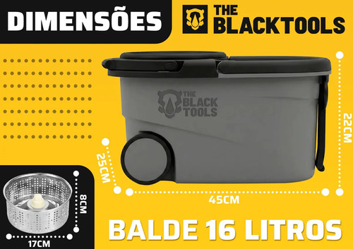 Mop The Black Tools Mop 360° Giratório TBBL04 Com Balde Centrífuga Inox Cinza Cabo Longo Alça Roda Com 3 Refis