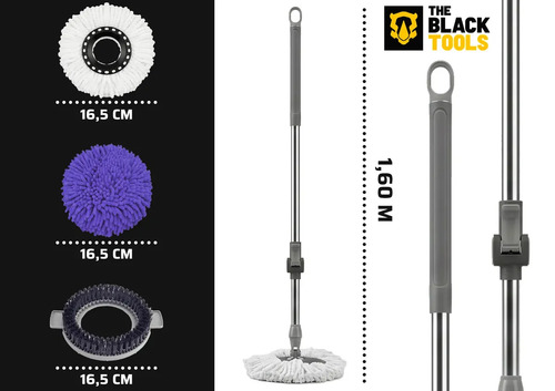 Mop The Black Tools Mop 360° Giratório TBBL04 Com Balde Centrífuga Inox Cinza Cabo Longo Alça Roda Com 3 Refis