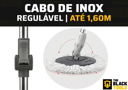 Mop The Black Tools Mop 360° Giratório TBBL04 Com Balde Centrífuga Inox Cinza Cabo Longo Alça Roda Com 3 Refis