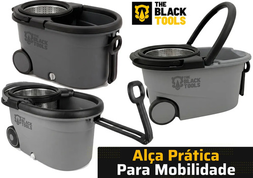 Mop The Black Tools Mop 360° Giratório TBBL04 Com Balde Centrífuga Inox Cinza Cabo Longo Alça Roda Com 3 Refis