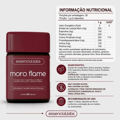 MORO FLAME - Fórmula Avançada Contendo Morosil + Spirulina + Picolinato De Cromo + Psyllium + Inulina + Pectina Cítrica - 60 Cápsulas