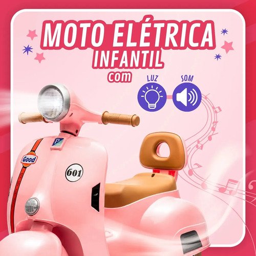 Moto Elétrica Infantil Scooter 6v Recarregável Com Luz E Som Rosa