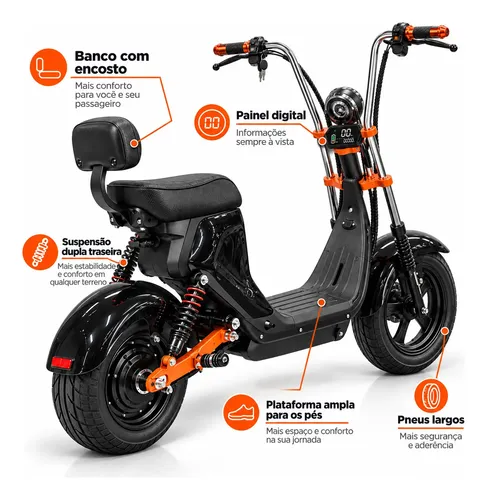 Moto Elétrica Scooter 1000w 48v Adulto Chopper Preta 32km/h