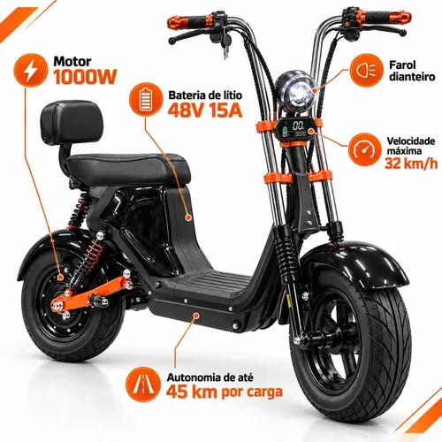 Moto Elétrica Scooter 1000w 48v Adulto Chopper Preta 32km/h