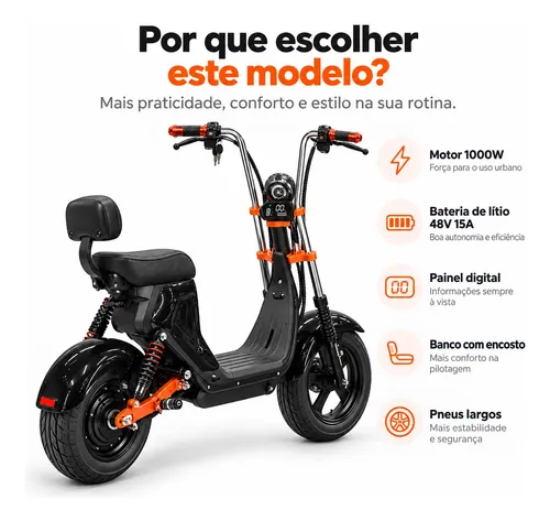 Moto Elétrica Scooter 1000w 48v Adulto Chopper Preta 32km/h