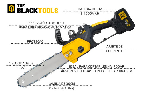 Moto Serra A Bateria 21v 4000mah 300mm 12 Polegadas Tcs21b The Black Tools Cor Amarelo e Preto