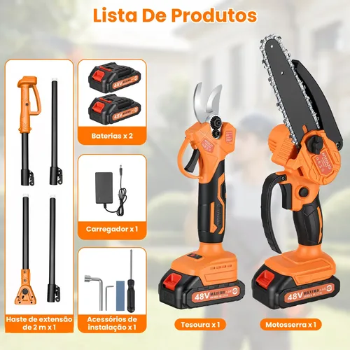 Motosserra + Tesoura Elétrica C/2 Baterias Recarregável 48v