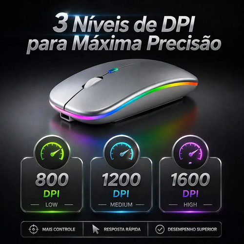 Mouse Bluetooth + 2.4ghz Dupla Conexao Recarregável Silencio Prateado