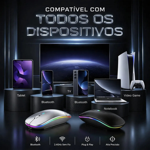 Mouse Bluetooth + 2.4ghz Dupla Conexao Recarregável Silencio Prateado