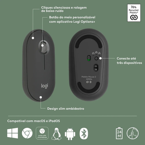 Mouse sem fio Logitech Pebble 2 M350s - Grafite