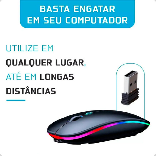Mouse Sem Fio Recarregável Wireless Optico Led Rgb Ergonômico Sem Fio Para Pc Desktop Notebook Tablet Smartphone Homeroarte Preto