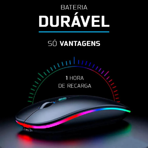 Mouse Sem Fio Recarregável Wireless Optico Led Rgb Ergonômico Sem Fio Para Pc Desktop Notebook Tablet Smartphone Homeroarte Preto