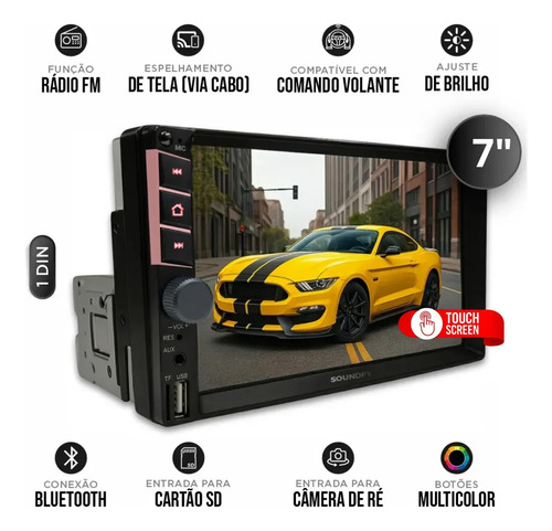 Multimídia Universal Soundfy Mp5 1 Din 7 Tela Capacitiva Preto