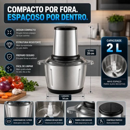 Multiprocessador Elétrico 2L 400W Inox Triturador Moedor Picador de Alimentos para Carne Legumes Alho Temperos Cozinha Hardline