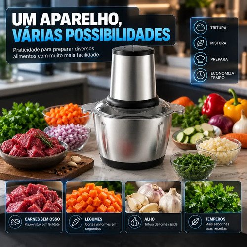 Multiprocessador Elétrico 2L 400W Inox Triturador Moedor Picador de Alimentos para Carne Legumes Alho Temperos Cozinha Hardline