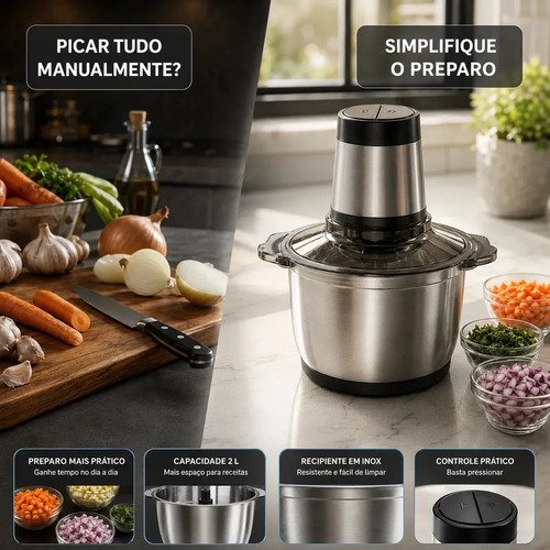 Multiprocessador Elétrico 2L 400W Inox Triturador Moedor Picador de Alimentos para Carne Legumes Alho Temperos Cozinha Hardline