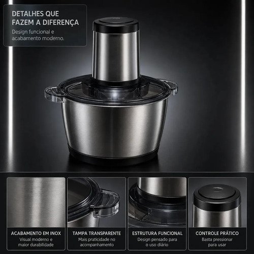 Multiprocessador Elétrico 2L 400W Inox Triturador Moedor Picador de Alimentos para Carne Legumes Alho Temperos Cozinha Hardline