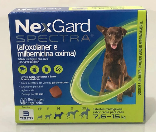 NexGard Spectra 3 Tabletes para Cães 7,6 a 15 kg Contra Pulgas, Carrapatos e Vermes Intestinais