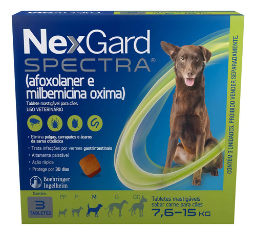 NexGard Spectra 3 Tabletes para Cães 7,6 a 15 kg Contra Pulgas, Carrapatos e Vermes Intestinais