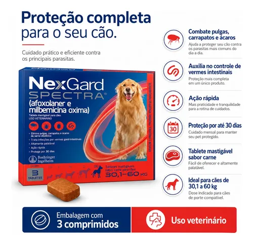 Nexgard Spectra Antipulgas Para Cães 30,1 A 60kg 3 Tabletes