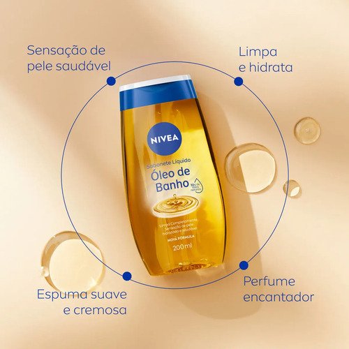 NIVEA Sabonete Líquido Óleo de Banho 200ml, Limpeza Corporal, Pele Macia, 55% Óleos Naturais, Sensação Hidratante