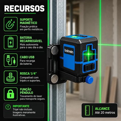 Nível A Laser 3D Recarregável 2 Linhas Verde Cruzado Autonivelante Com Suporte Magnético Profissional
