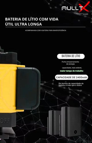 Nível Laser 4D MULLTX 16 Linhas Verde Recarregável 30m com Maleta e 4 Baterias