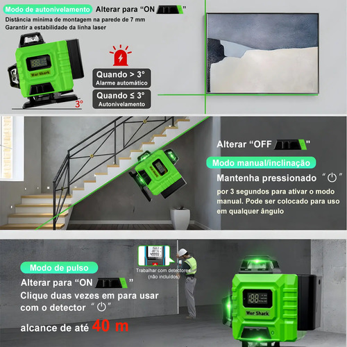 Nível Laser Verde 16 Linhas 360° Autonivelante + 2 Baterias