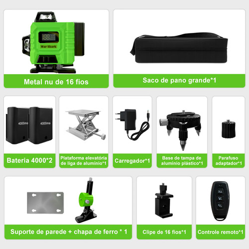 Nível Laser Verde 16 Linhas 360° Autonivelante + 2 Baterias
