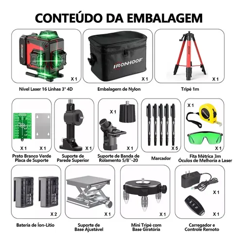 Nível Laser Verde 16 Linhas Com Tripé 4d Autonivelante