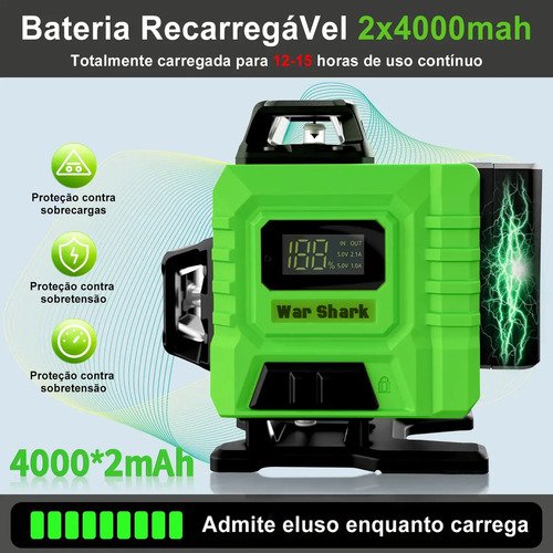 Nível Laser Verde 16 Linhas War Shark 360° Autonivelante + 2 Baterias