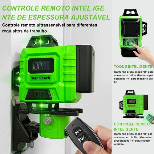 Nível Laser Verde 16 Linhas War Shark 360° Autonivelante + 2 Baterias