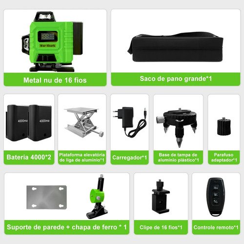 Nível Laser Verde 16 Linhas War Shark 360° Autonivelante + 2 Baterias