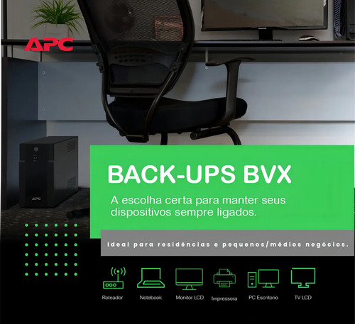 Nobreak 1200va Back-ups Entrada Bivolt Automatico Saída: Bvx1200bi-br Apc Cor Preto