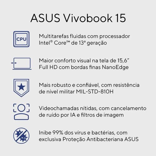 Notebook ASUS Vivobook 15, Intel Core i5 1334U 1,3 GHz, 8GB Ram, 256GB SSD, KeepOS Linux, Tela 15,6" FHD, Cool Silver - X1504VA-NJ1739