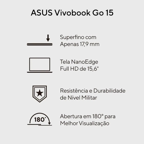 Notebook ASUS Vivobook Go 15, Intel Core i3 N305, 8GB RAM, 512GB SSD, Windows 11 Home, Tela NanoEdge 15,6" FHD, Cool Silver - E1504GA-NJ435W
