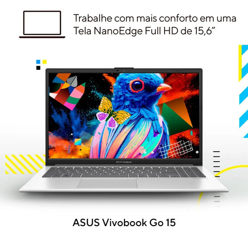 Notebook ASUS Vivobook Go 15, Intel Core i3 N305, 8GB RAM, 512GB SSD, Windows 11 Home, Tela NanoEdge 15,6" FHD, Cool Silver - E1504GA-NJ435W