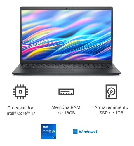 Notebook Dell Dc15-i71355u-a100 15.6 Fhd I7 16gb 1tb Win 11 Preto