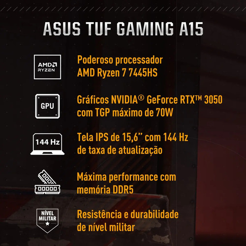 Notebook Gamer ASUS TUF Gaming A15, AMD RYZEN 7, RTX 3050, 8GB RAM, 512GB SSD, Linux KeepOS, Graphite Black - FA506NCG-HN216