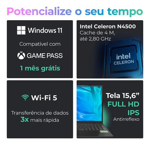 Notebook Positivo Vision C15M Minitela Celeron, 8GB 128GB eMMC, Tela 15.6" HD Antirreflexo, Windows 11, Tecla Link, Cinza 1