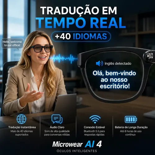 Óculos Inteligente Tradutor Ia Microwear Bluetooth 5.3 Preto