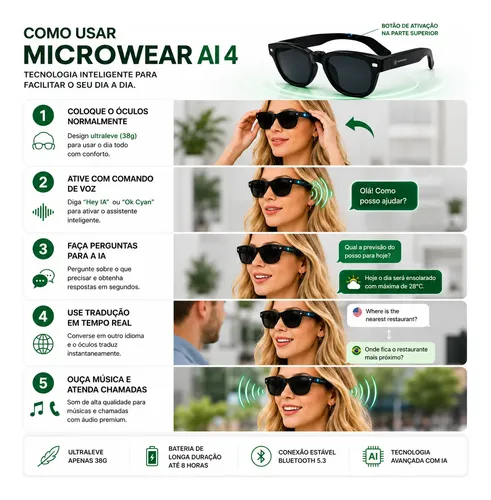 Óculos Inteligente Tradutor Ia Microwear Bluetooth 5.3 Preto